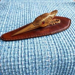 Vintage Brass Bird Head Clip with Jeweled Eyes on leather base